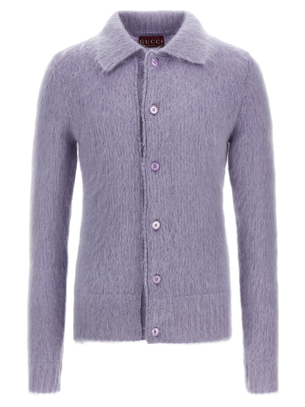 Cardigan en laine violette de Gucci, vista frontale, avec col en V et boutons, porté sur un mannequin.