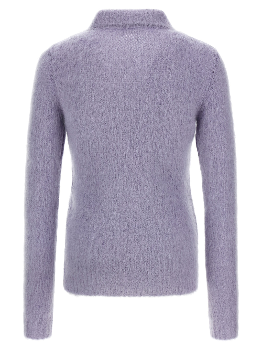 Cardigan en laine violette Gucci, mode élégante, avec détails en tricot et logo Gucci visible sur le devant.
