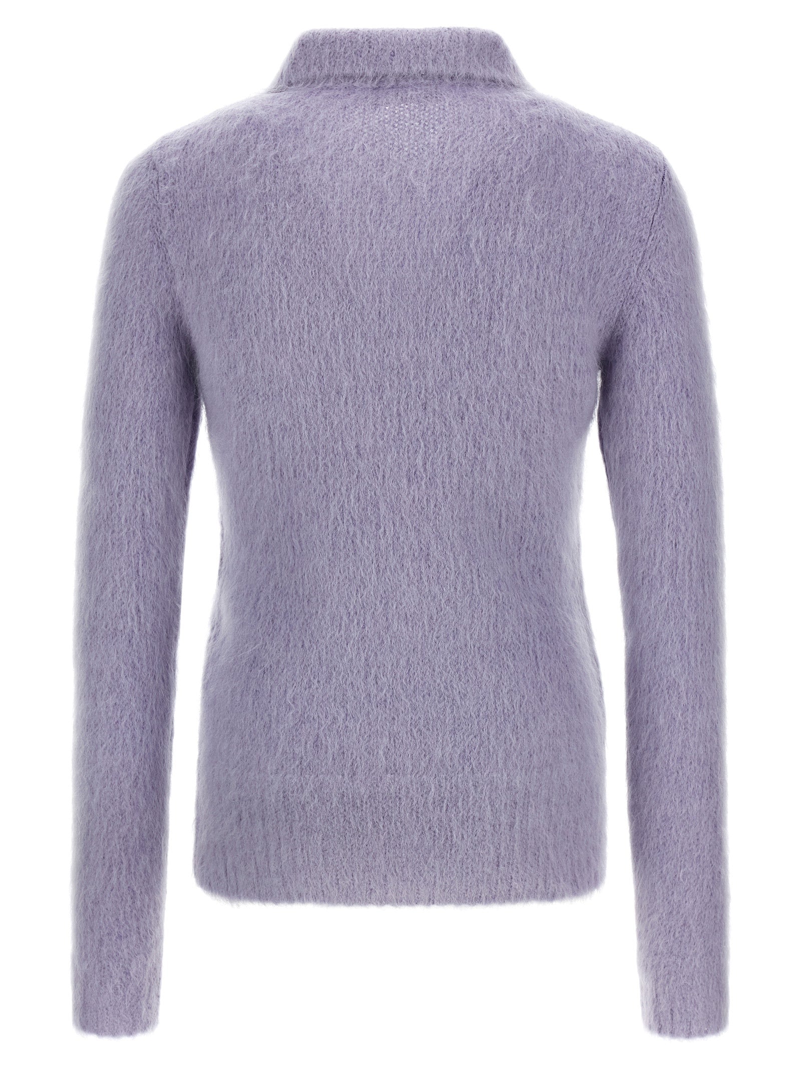 Cardigan en laine violette Gucci, mode élégante, avec détails en tricot et logo Gucci visible sur le devant.