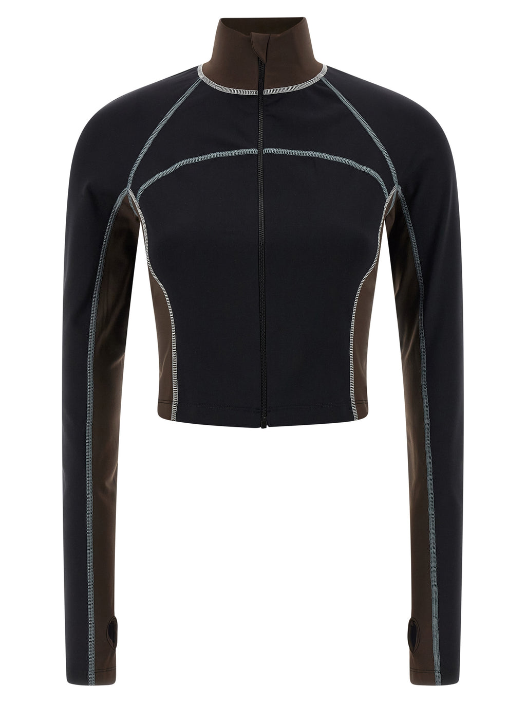 Haut en polyamide noir de Fendi, design élégant avec logo, porté sur mannequin avec fond neutre.