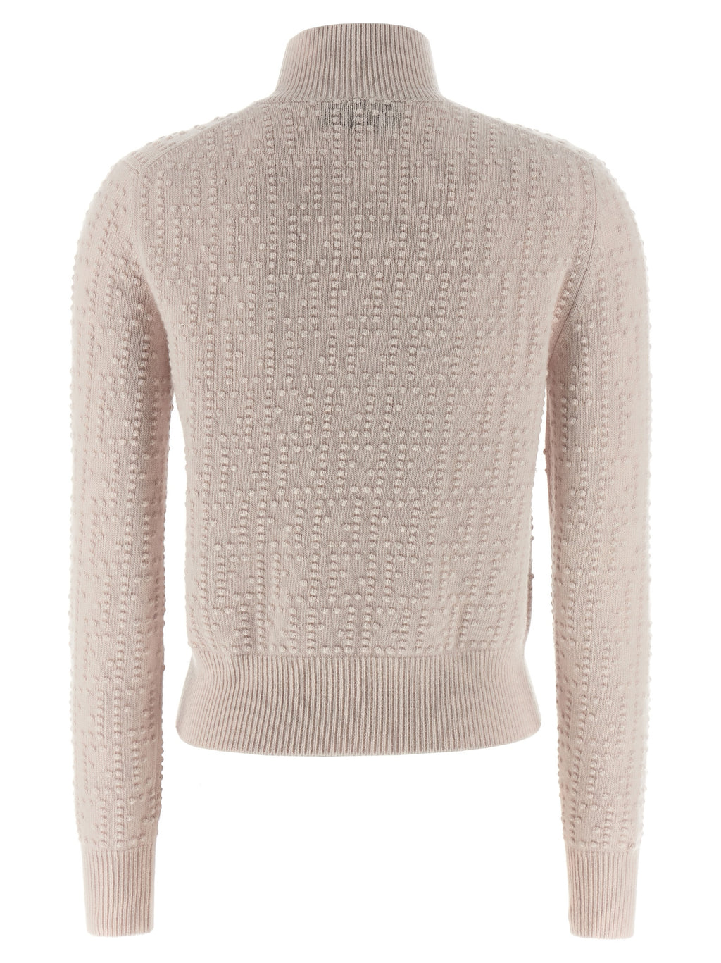 Cardigan en laine multicolore Fendi avec boutons, porté sur un mannequin, détails colorés et texture visible.