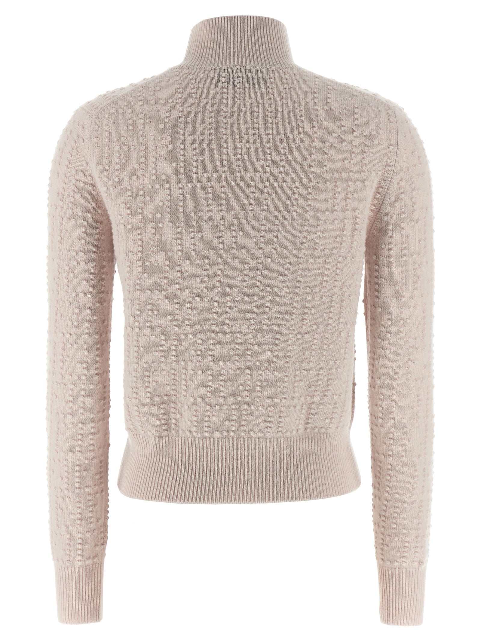 Cardigan en laine multicolore Fendi avec boutons, porté sur un mannequin, détails colorés et texture visible.