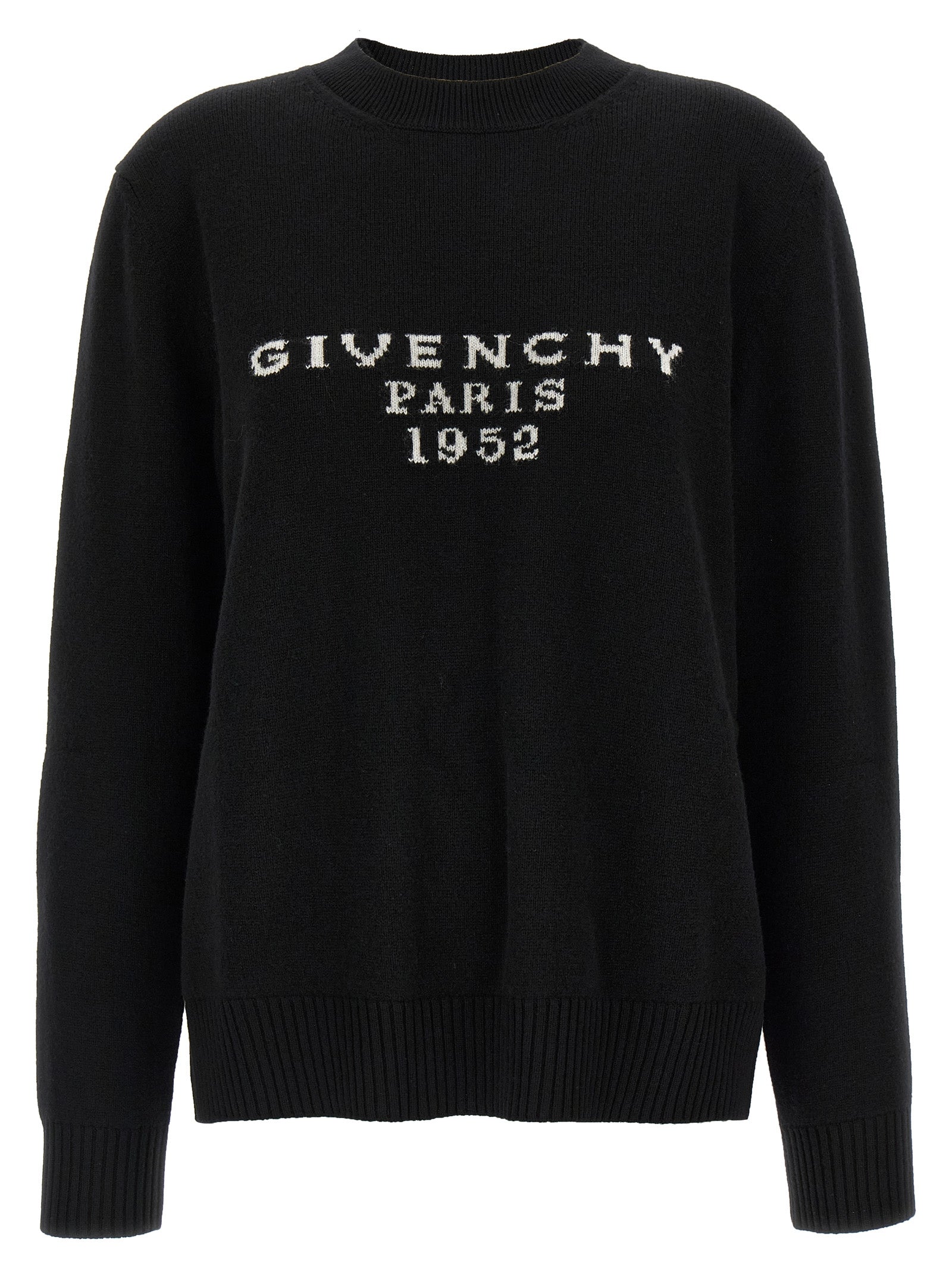Cardigan en laine noire Givenchy, coupe classique, détails élégants, porté sur un mannequin.