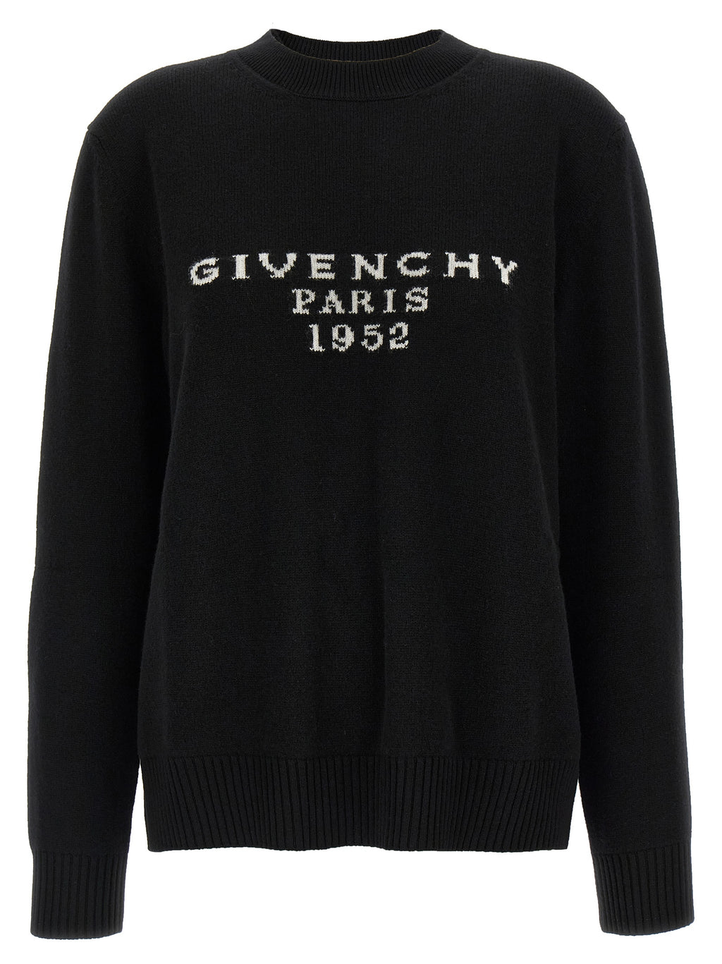 Cardigan en laine noire Givenchy, coupe classique, détails élégants, porté sur un mannequin.