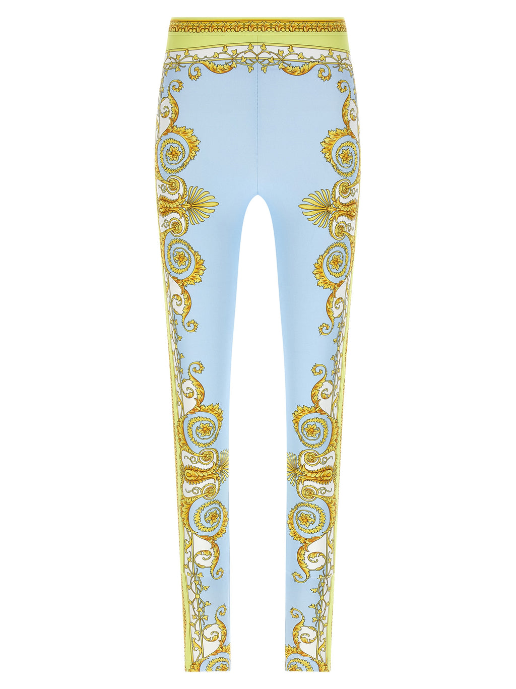 Leggings en nylon bleu de Versace, ajustés, avec logo emblématique, portés par une mannequin.
