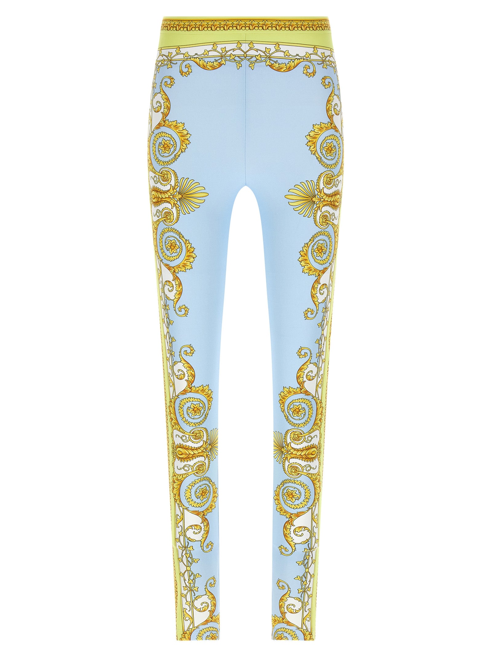 Leggings en nylon bleu de Versace, ajustés, avec logo emblématique, portés par une mannequin.