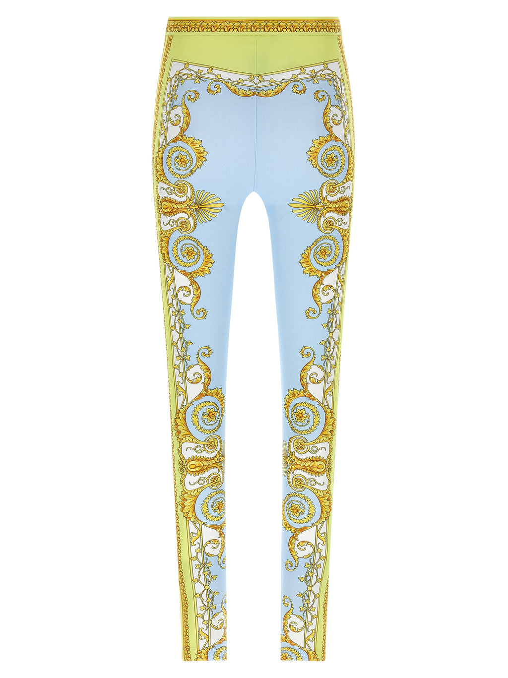 Leggings en nylon bleu de Versace avec logo, ajustés et élégants, parfaits pour un style moderne et sophistiqué.