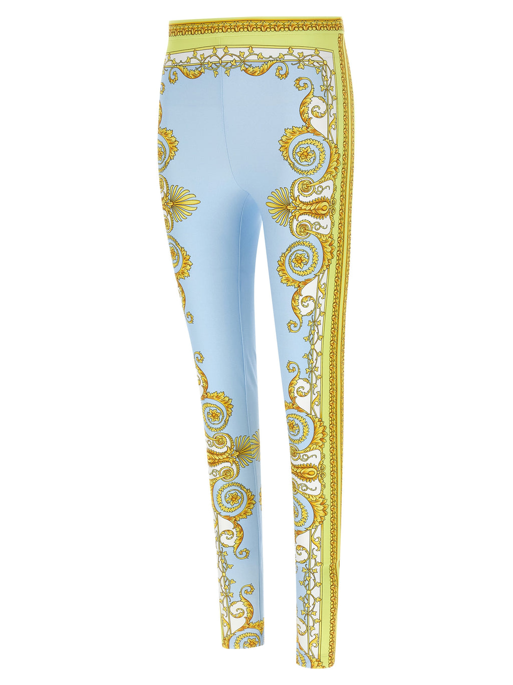 Leggings en nylon bleu de Versace, ajustés et élégants, avec logo distinctif visible sur la ceinture.