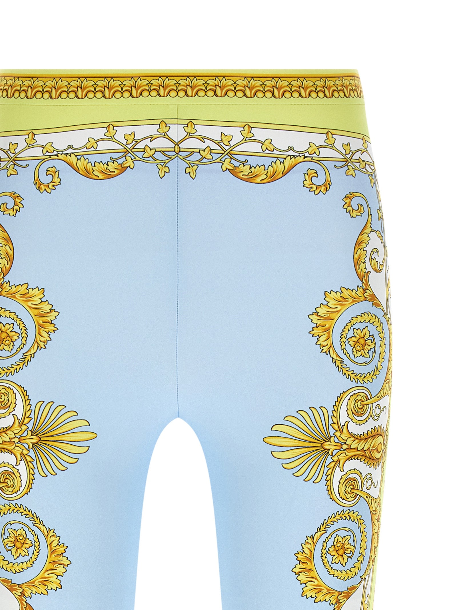 Leggings en nylon bleu de Versace, ajustés et élégants, avec logo distinctif sur la taille, pour un look moderne.