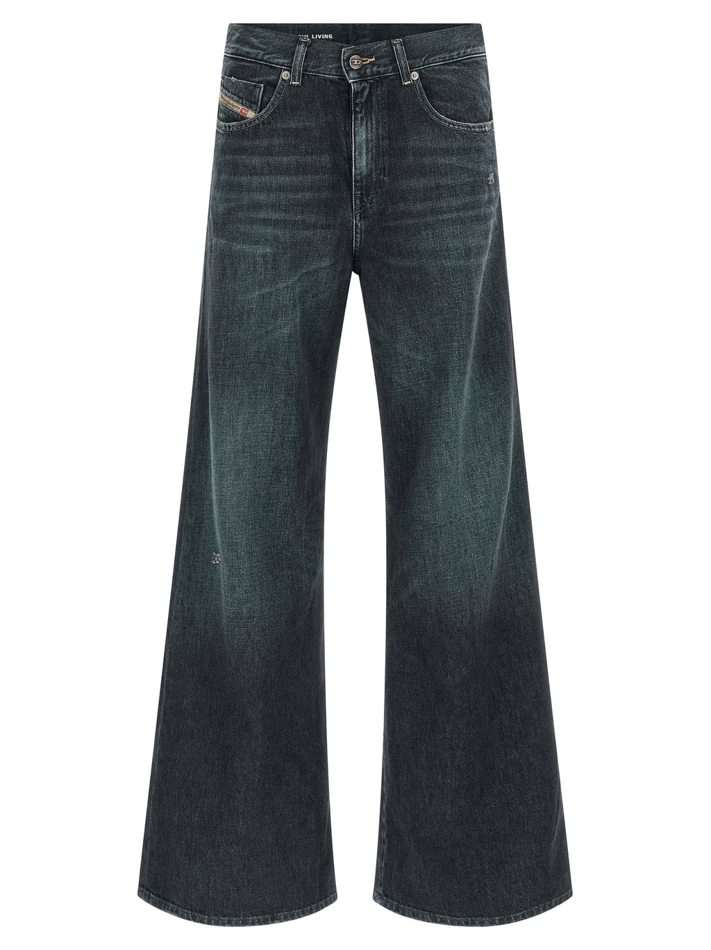Jeans évasés en coton bleu de la marque Diesel, style décontracté et tendance, visibles sur la photo.
