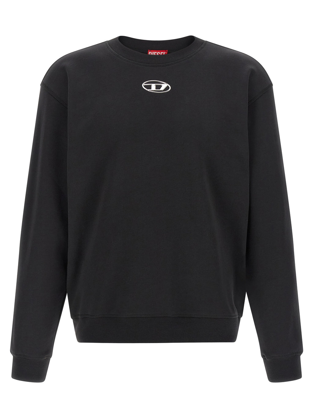 Sweat-shirt en coton noir Diesel Black avec logo imprimé, porté par un mannequin, vue de face.