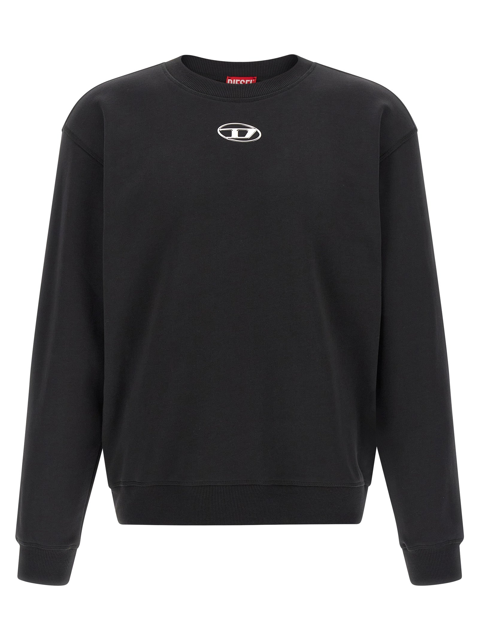 Sweat-shirt en coton noir Diesel Black avec logo imprimé, porté par un mannequin, vue de face.