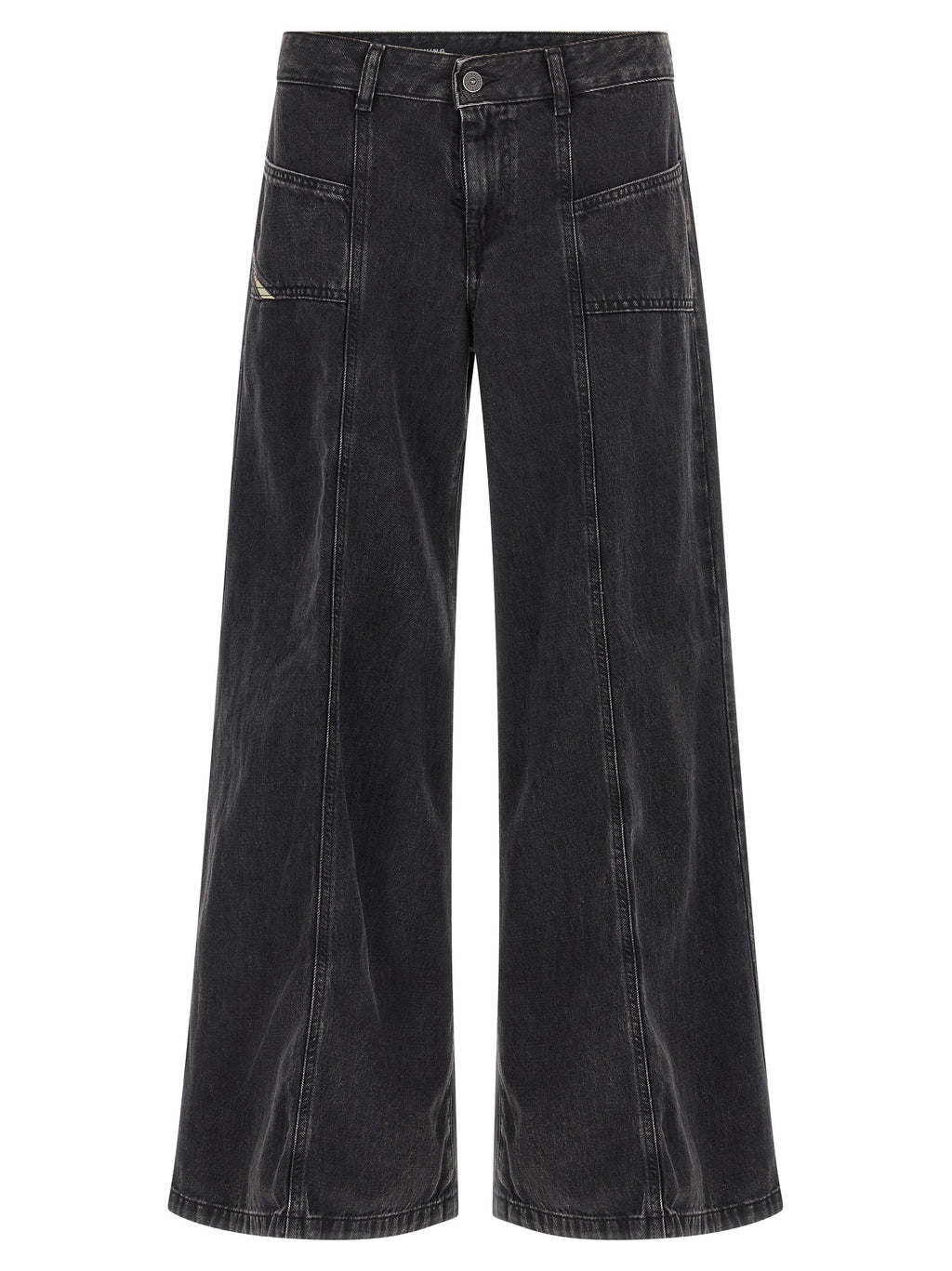 Jeans en denim en coton noir de la marque Diesel, coupe classique, détails de couture visibles.