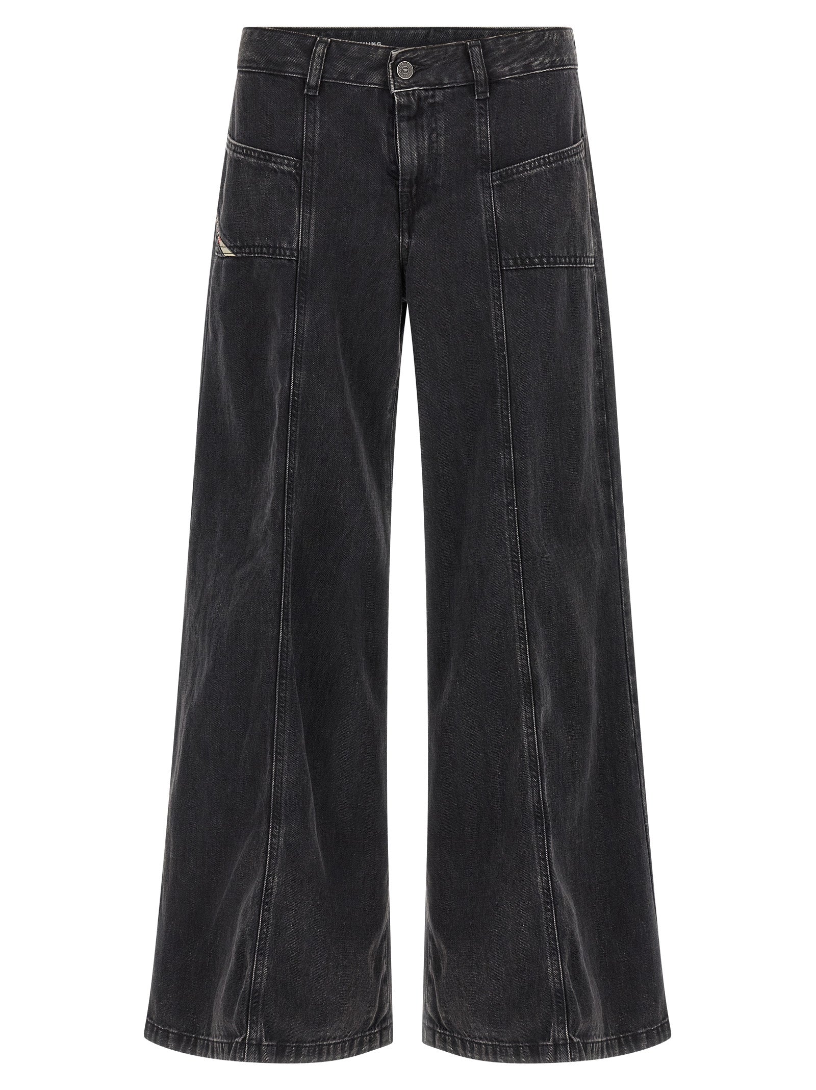 Jeans en denim en coton noir de la marque Diesel, coupe classique, détails de couture visibles.