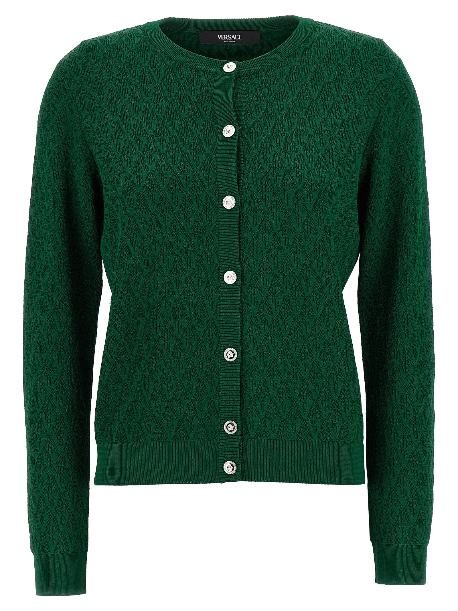 Cardigan bicolore en viscose de marque Versace, confectionné avec des détails élégants et un design sophistiqué.
