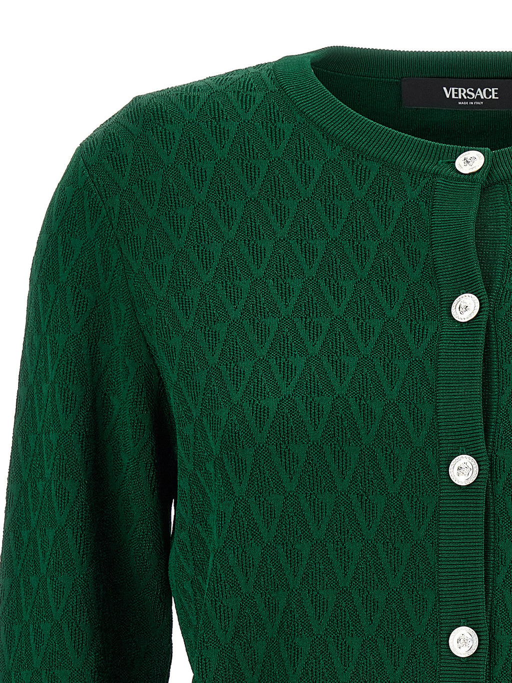 Cardigan bicolore en viscose de Versace, avec détails élégants et coupe moderne visible sur l'image.
