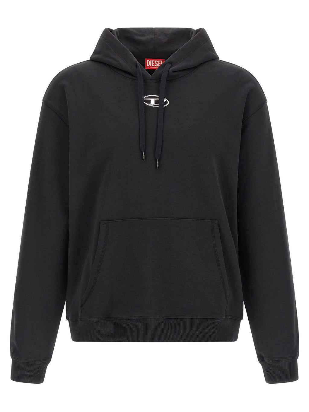 Sweat-shirt en coton noir Diesel, coupe décontractée, avec logo Diesel imprimé sur la poitrine, porté par un modèle.