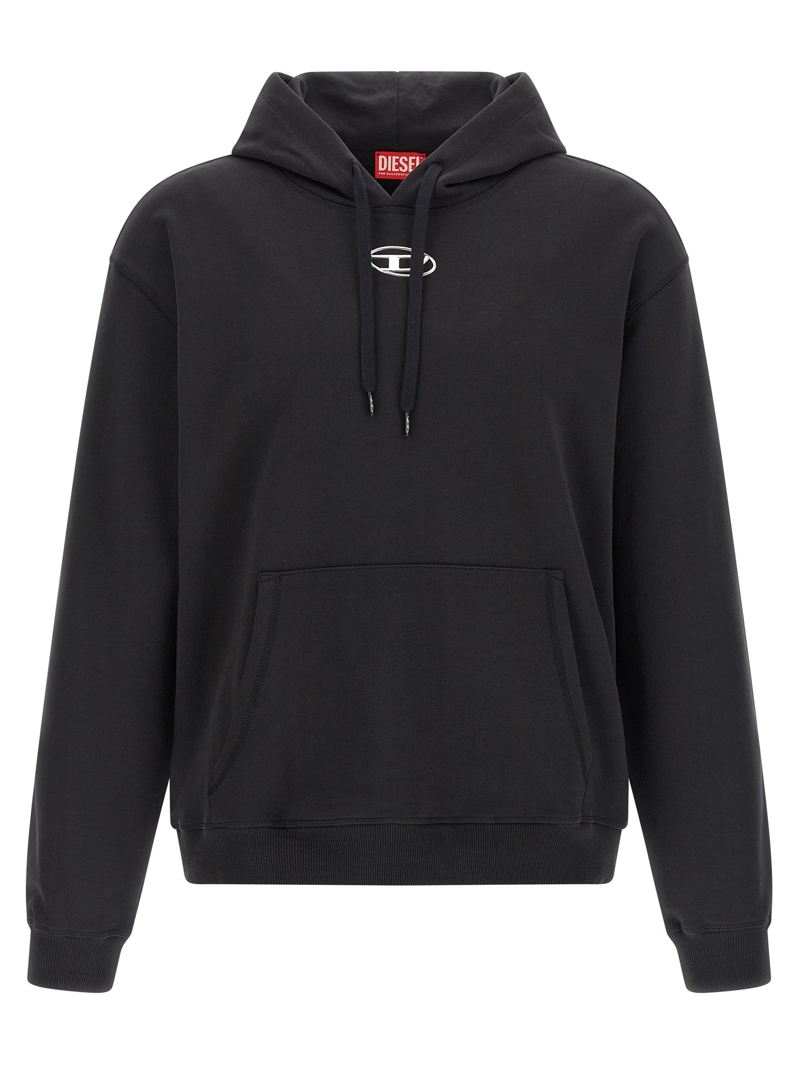 Sweat-shirt en coton noir Diesel, coupe décontractée, avec logo Diesel imprimé sur la poitrine, porté par un modèle.