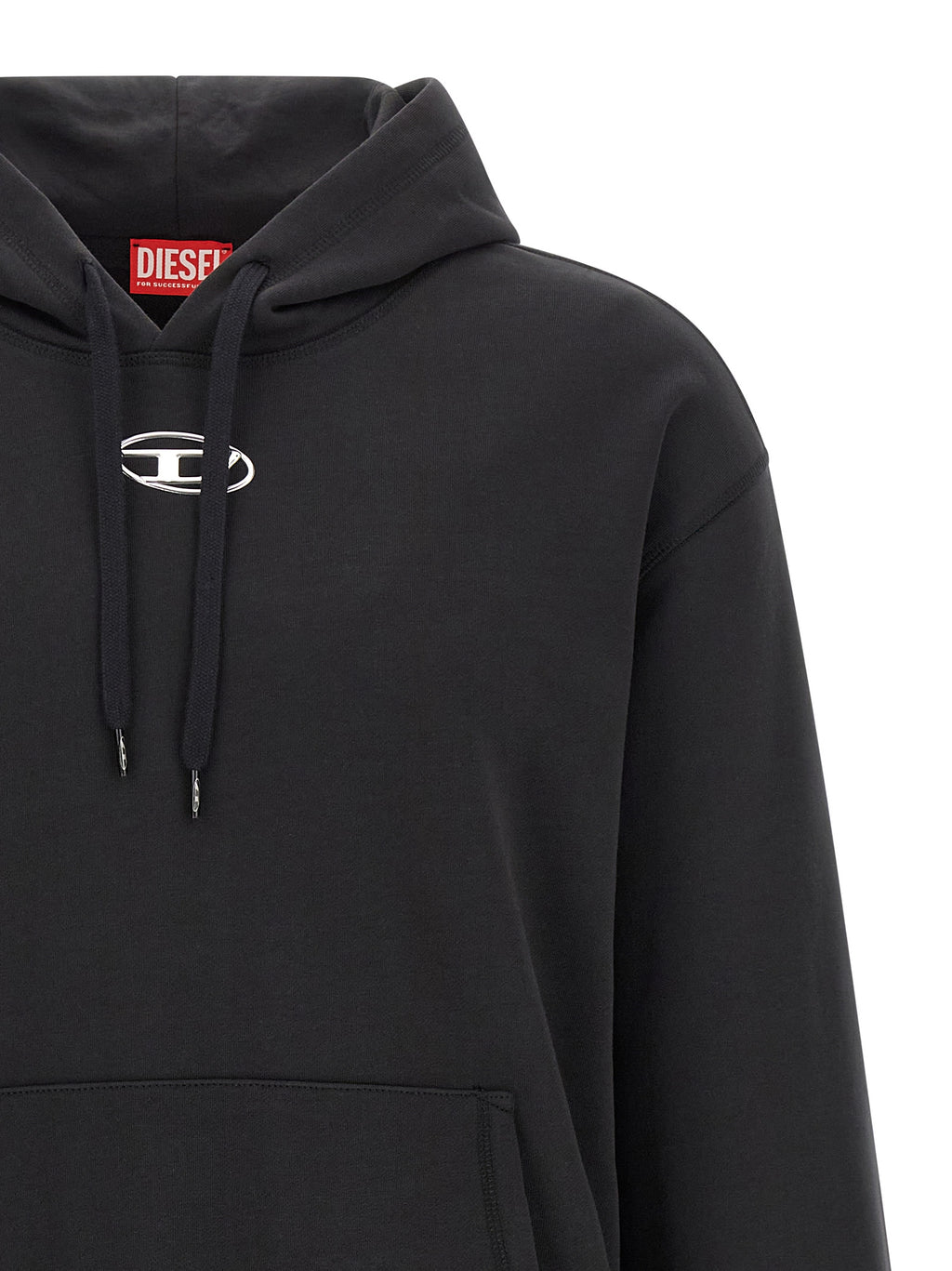 Sweat-shirt noir en coton de la marque Diesel, style décontracté avec logo imprimé, porté sur un mannequin.