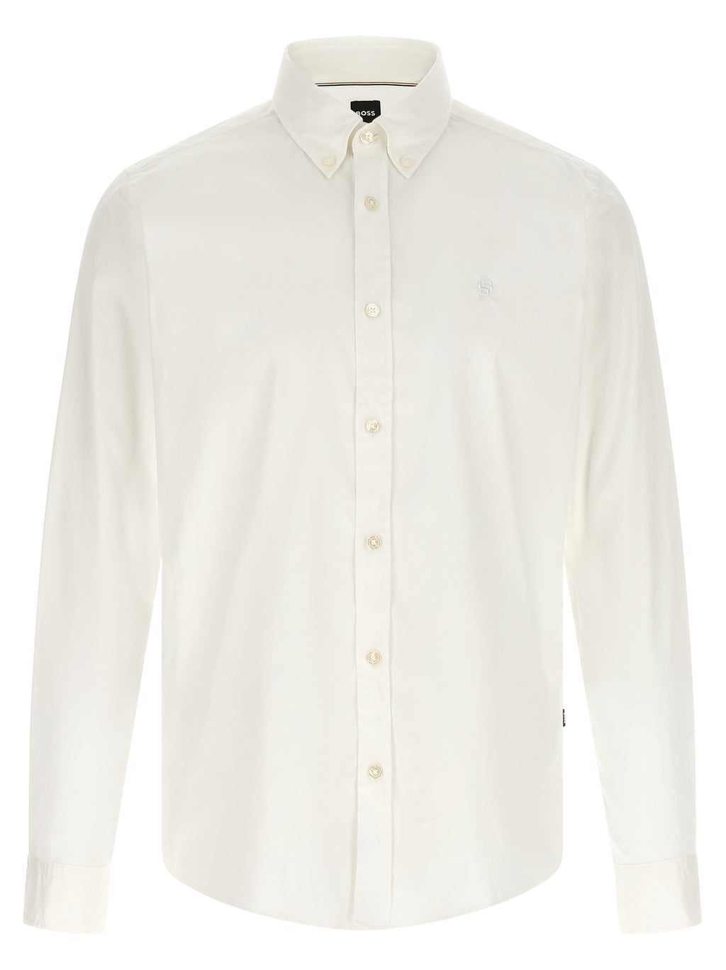 Blouse blanche en coton de la marque Hugo Boss, avec col classique et manches longues, portée sur mannequin.