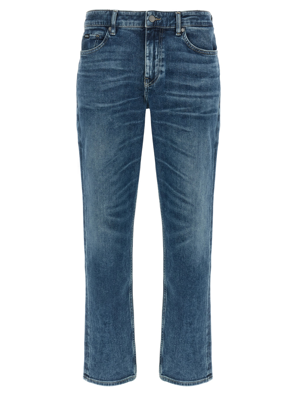Jean skinny en coton bleu de la marque Hugo Boss, coupe ajustée et style moderne, visible en détail dans l'image.