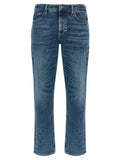 Jean skinny en coton bleu de la marque Hugo Boss, coupe ajustée et style moderne, visible en détail dans l'image.