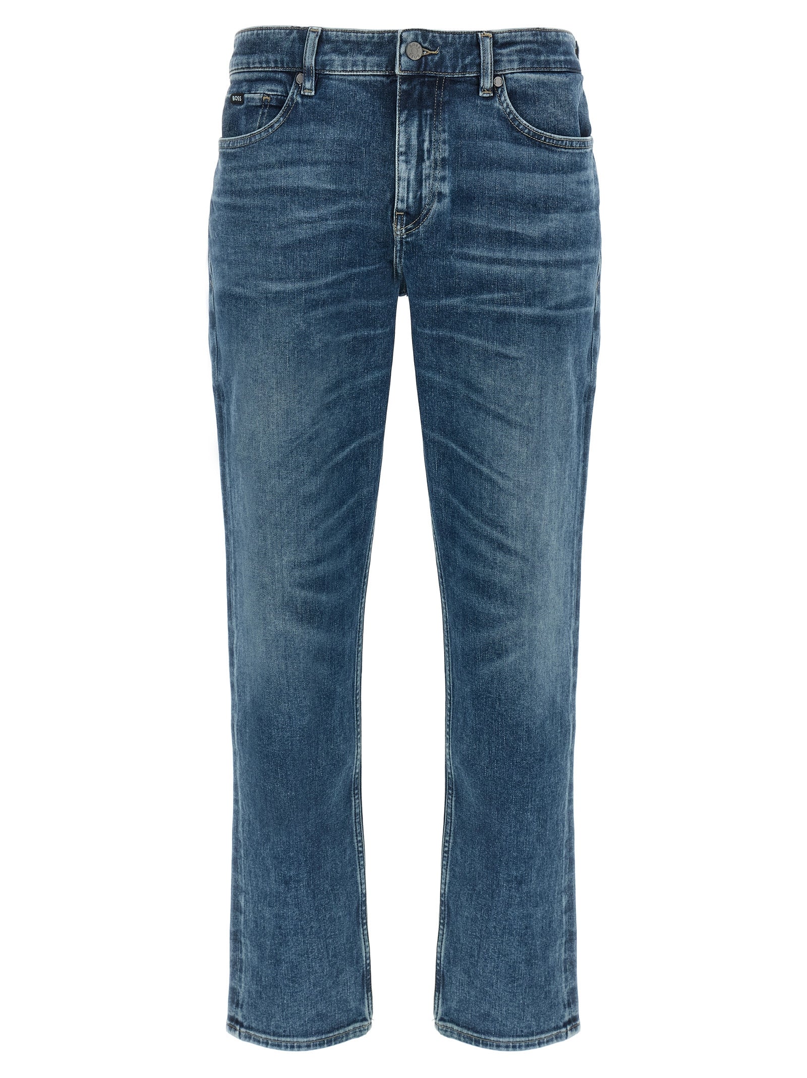 Jean skinny en coton bleu de la marque Hugo Boss, coupe ajustée et style moderne, visible en détail dans l'image.