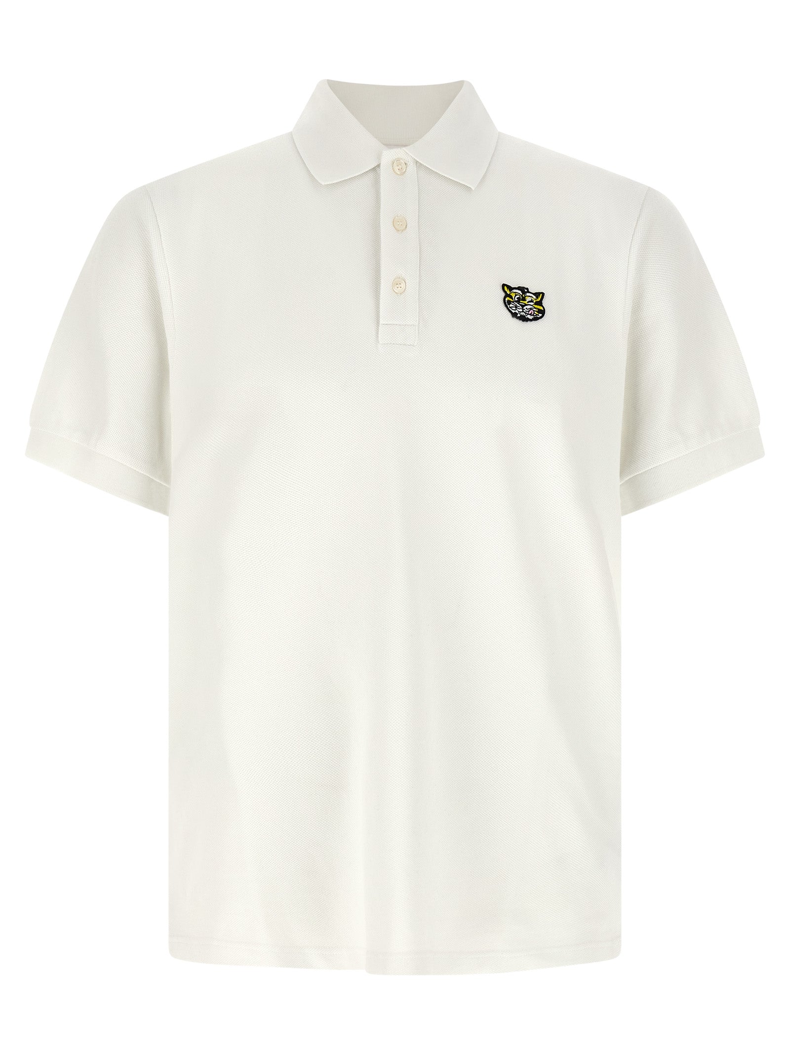 Chemise polo blanche en coton de la marque Kenzo, vue de face, avec col et boutons visibles.