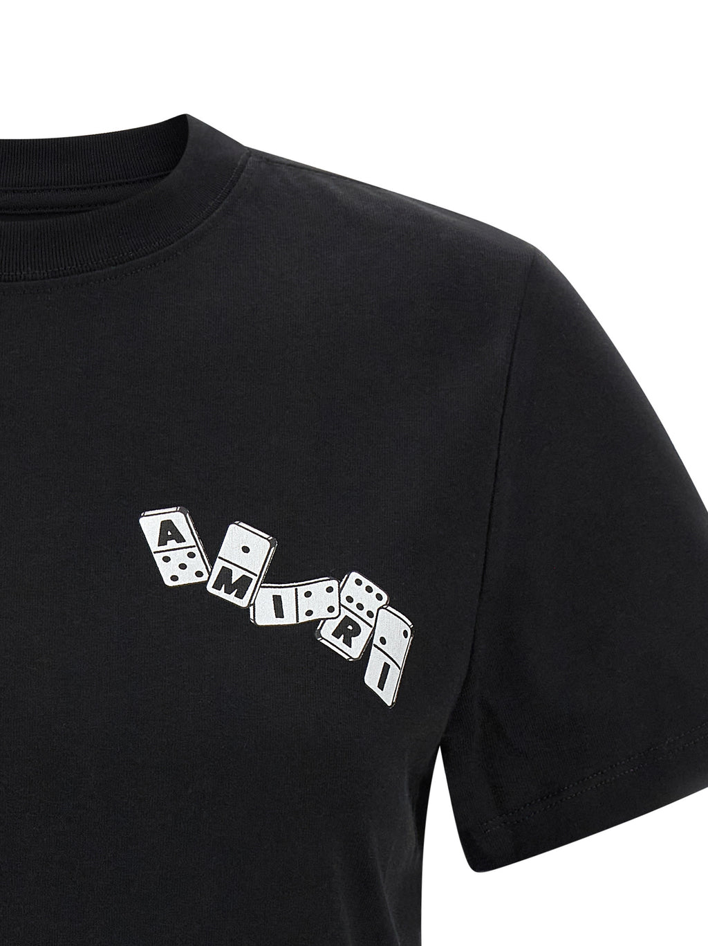 T-shirt noir en coton de la marque Amiri, coupe classique avec logo discret sur la poitrine, vue de face.