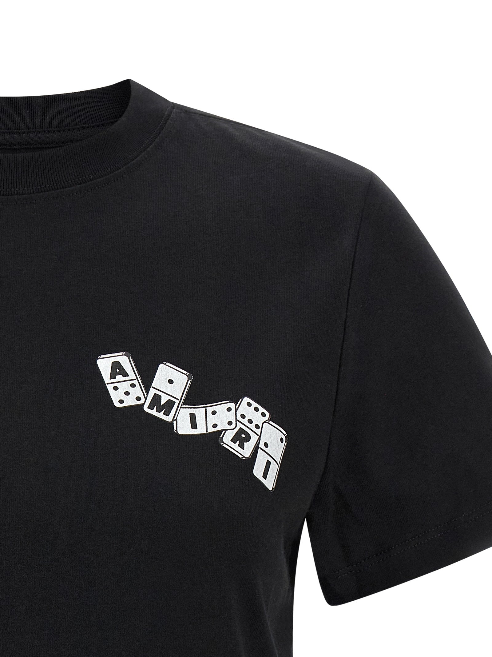 T-shirt noir en coton de la marque Amiri, coupe classique avec logo discret sur la poitrine, vue de face.