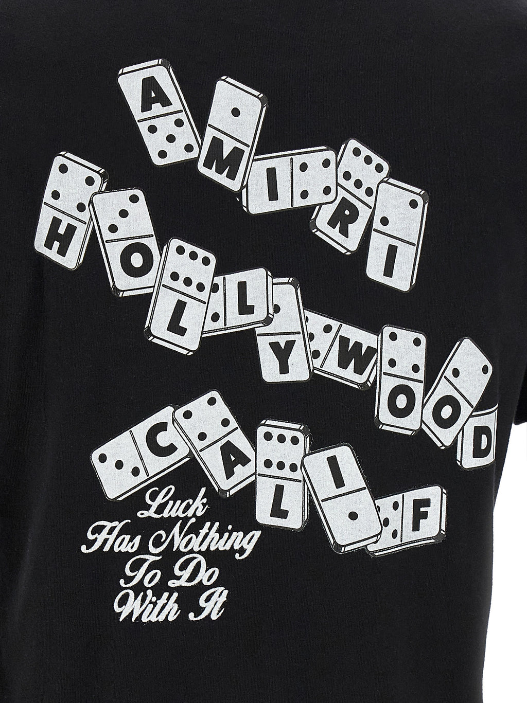 T-shirt noir en coton de la marque Amiri, vue de face avec col rond et logo discret sur la poitrine.
