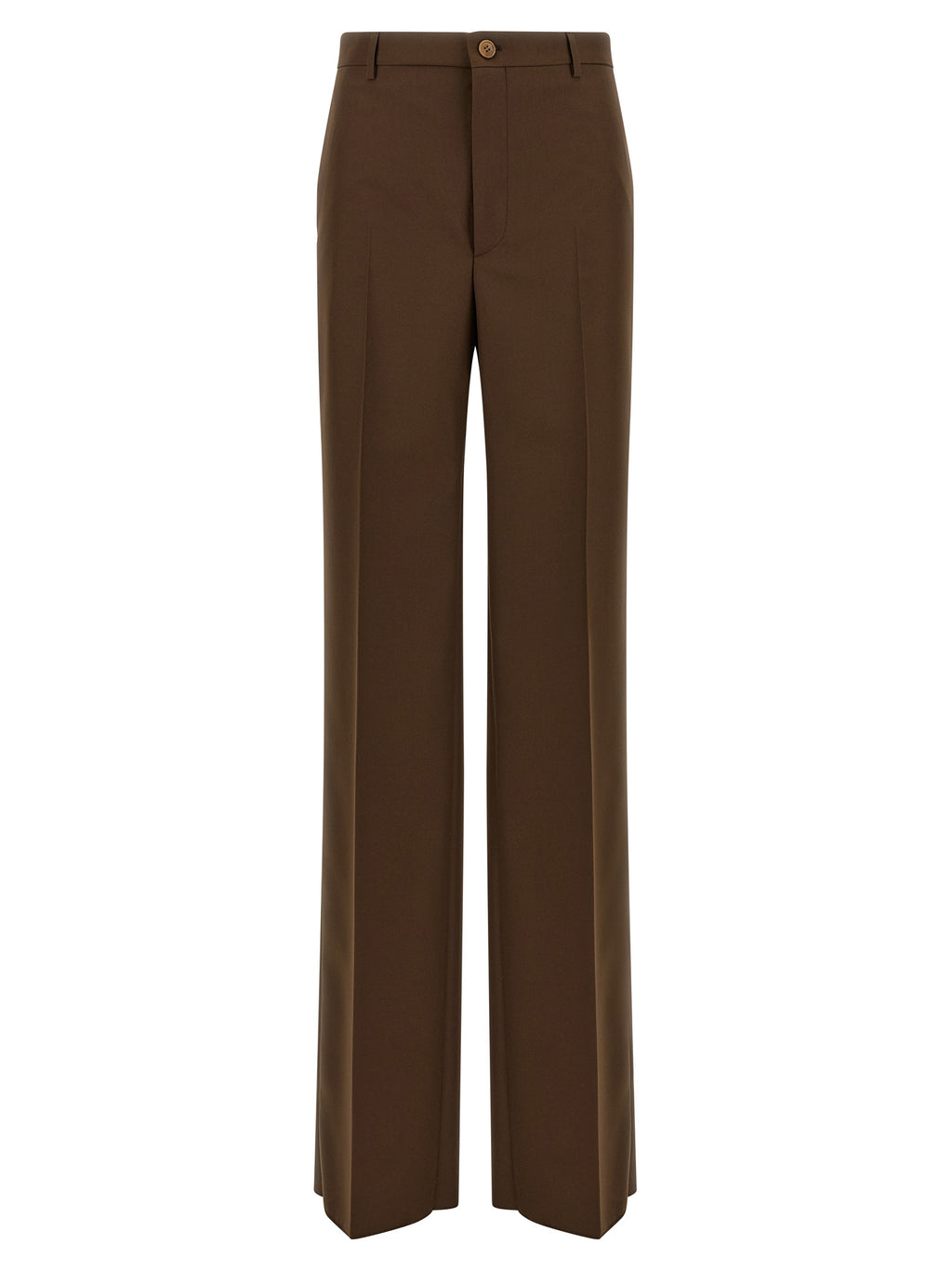 Pantalon habillé marron en polyester de la marque Gucci, coupe élégante et tissu lisse visible sur l'image.