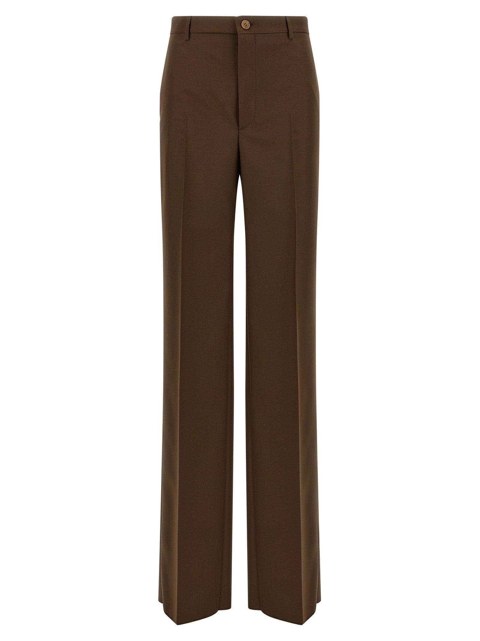 Pantalon habillé marron en polyester de la marque Gucci, coupe élégante et tissu lisse visible sur l'image.
