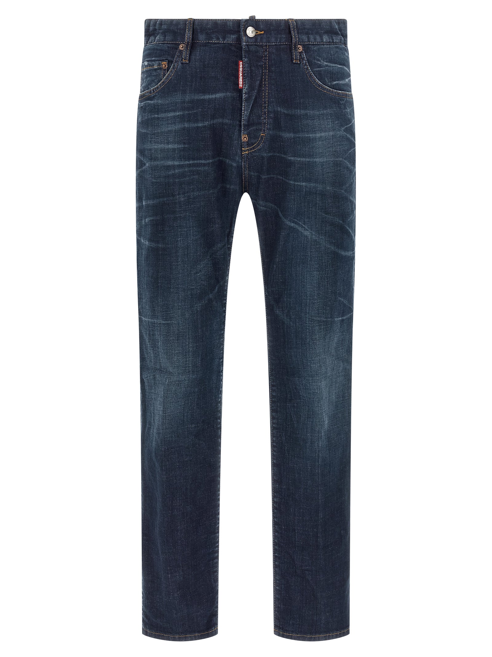 Jeans droits en coton bleu de Dsquared², style classique, visibles sur une mannequin avec détails en denim.