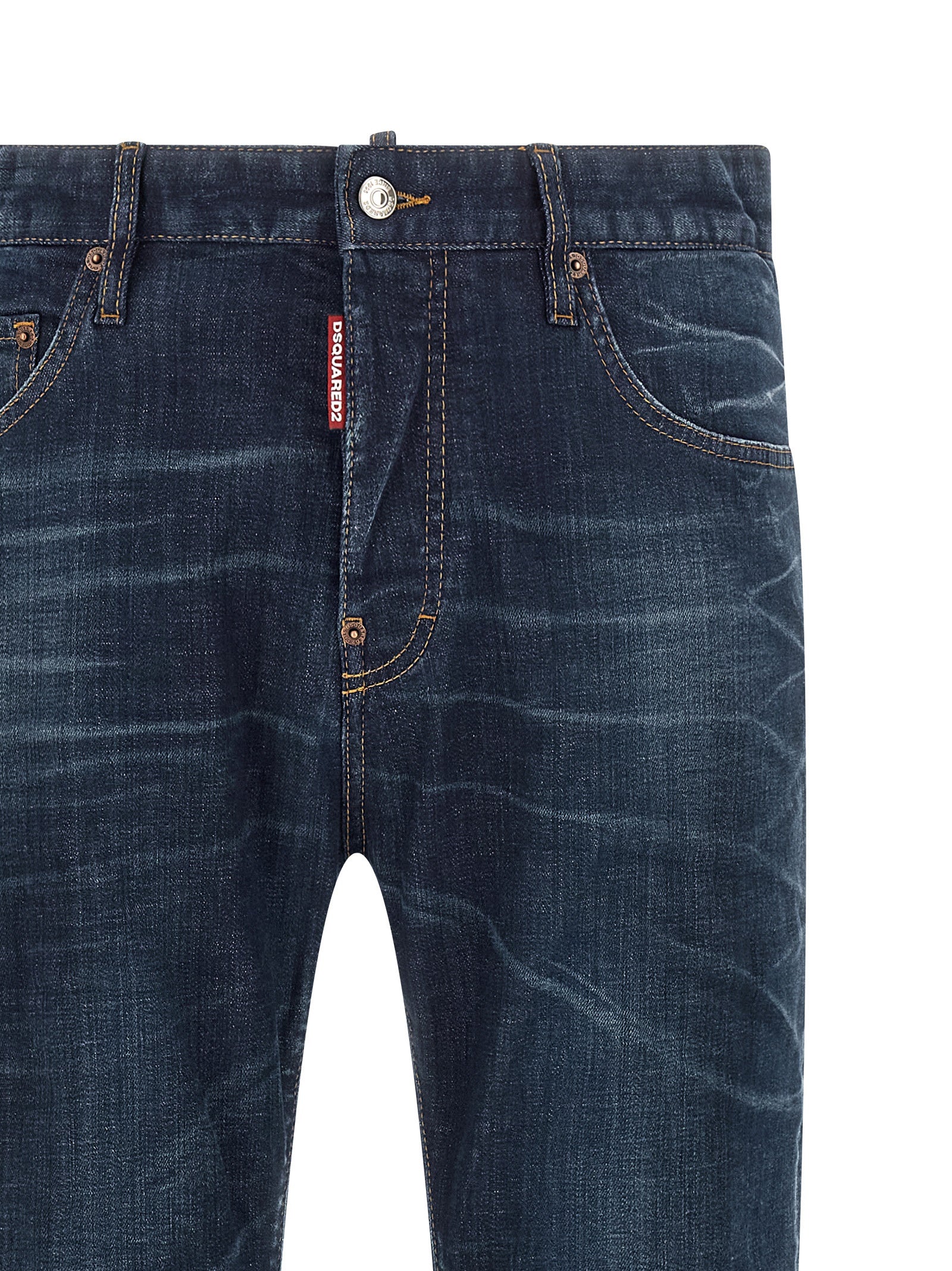 Jeans droit en coton bleu de Dsquared², style classique, visible sur un mannequin avec poches et fermeture éclair.