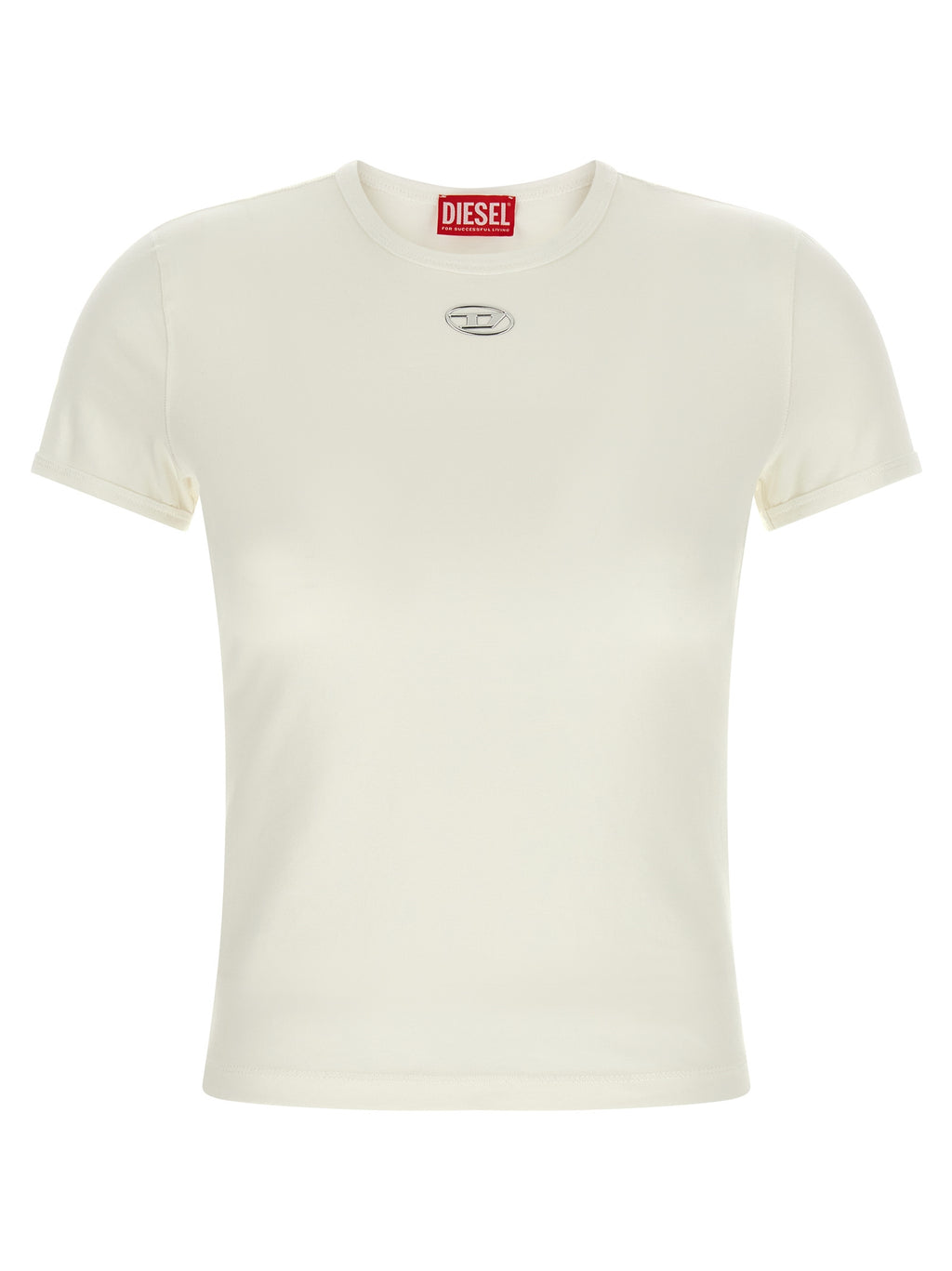 T-shirt blanc en coton Diesel pour homme, coupe classique, porté sur un mannequin.