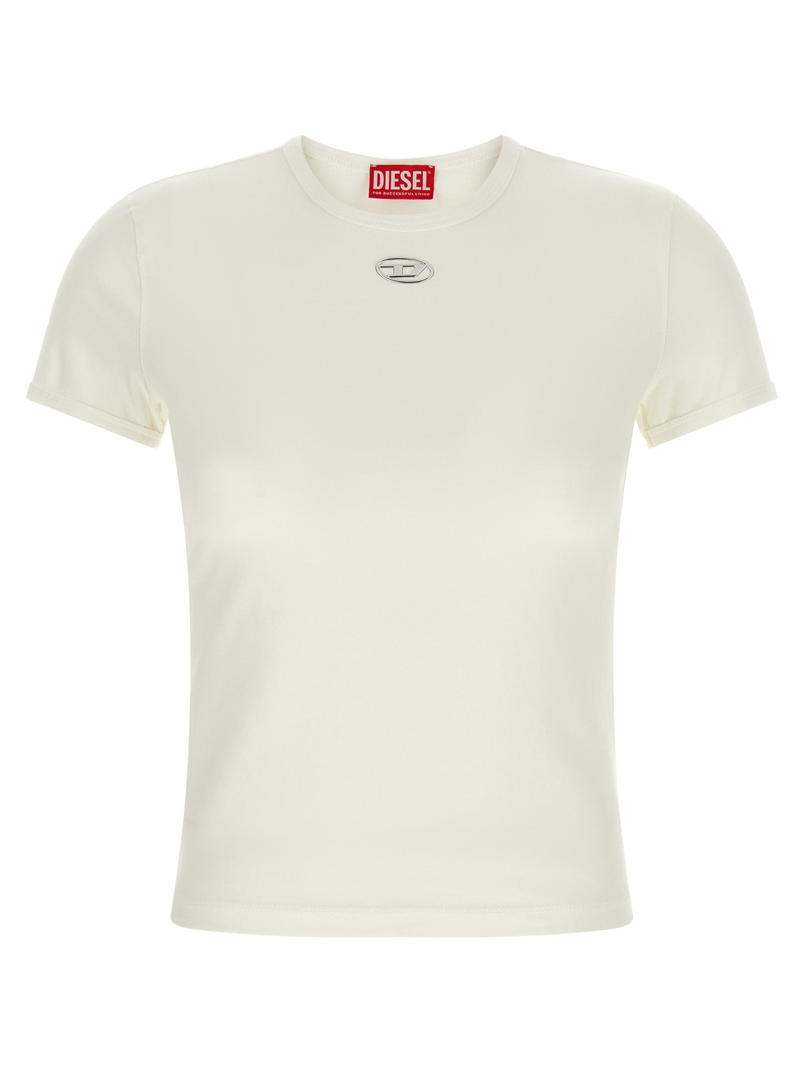 T-shirt blanc en coton Diesel pour homme, coupe classique, porté sur un mannequin.