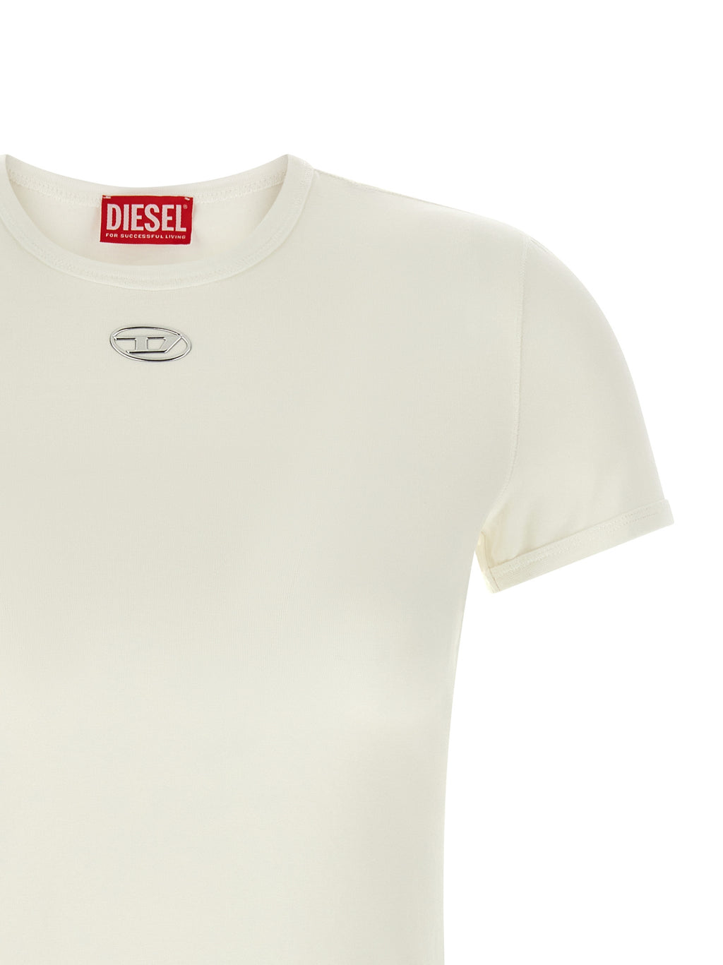 T-shirt blanc en coton de la marque Diesel, coupe classique, porté sur mannequin, vue de face.