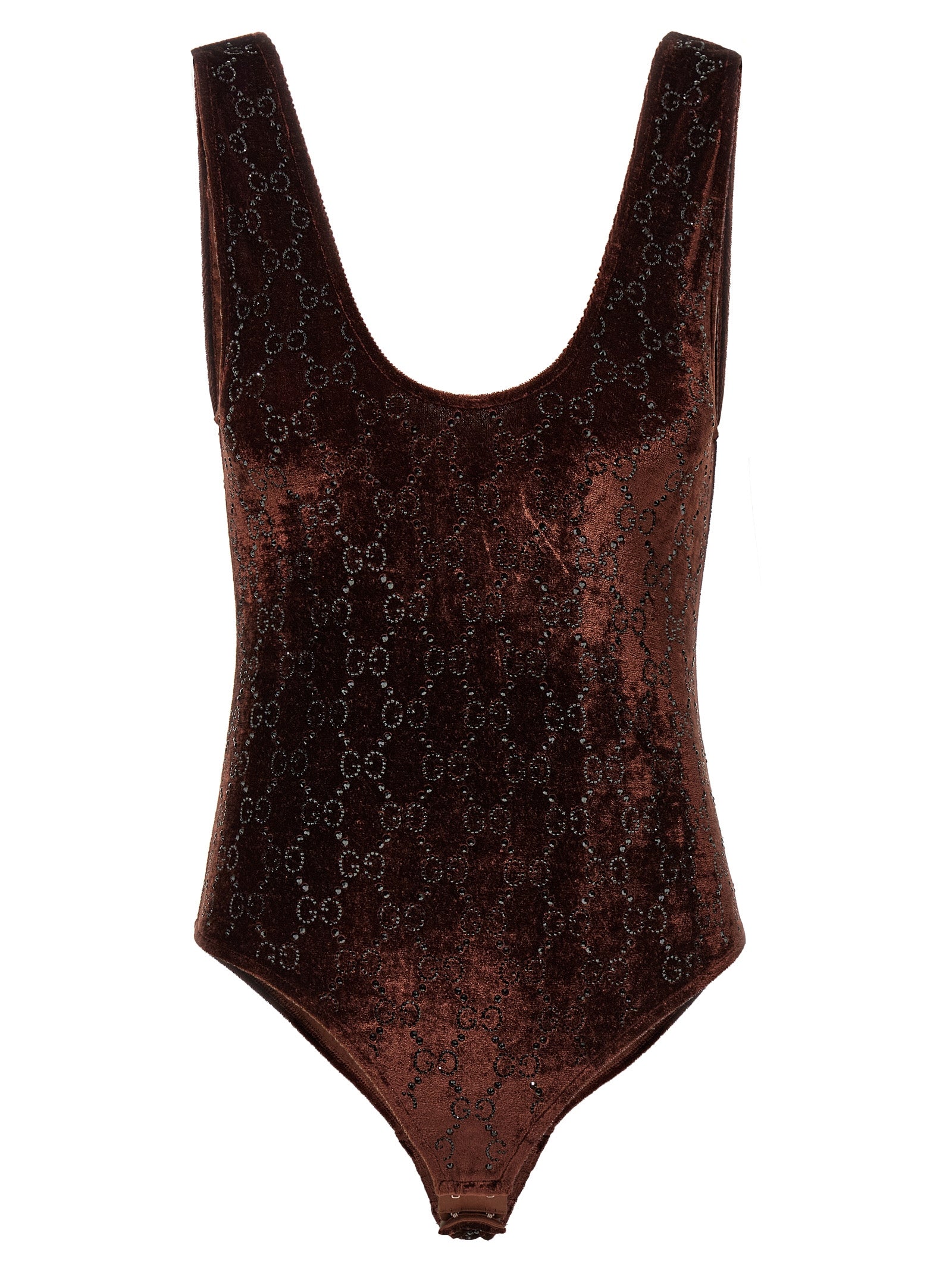 Body en polyamide marron de Gucci, vêtement moulant et élégant, avec détails sophistiqués, porté sur un mannequin.