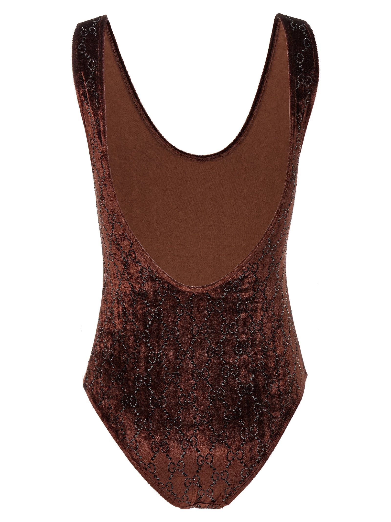 Body en polyamide marron de Gucci, ajusté et élégant, avec détails modernes visibles sur cette image.