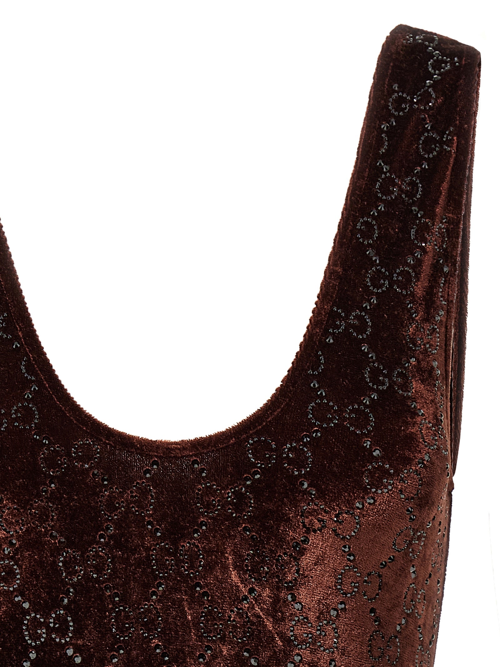 Body en polyamide marron de Gucci, ajusté, avec détails élégants, porté sur un mannequin.
