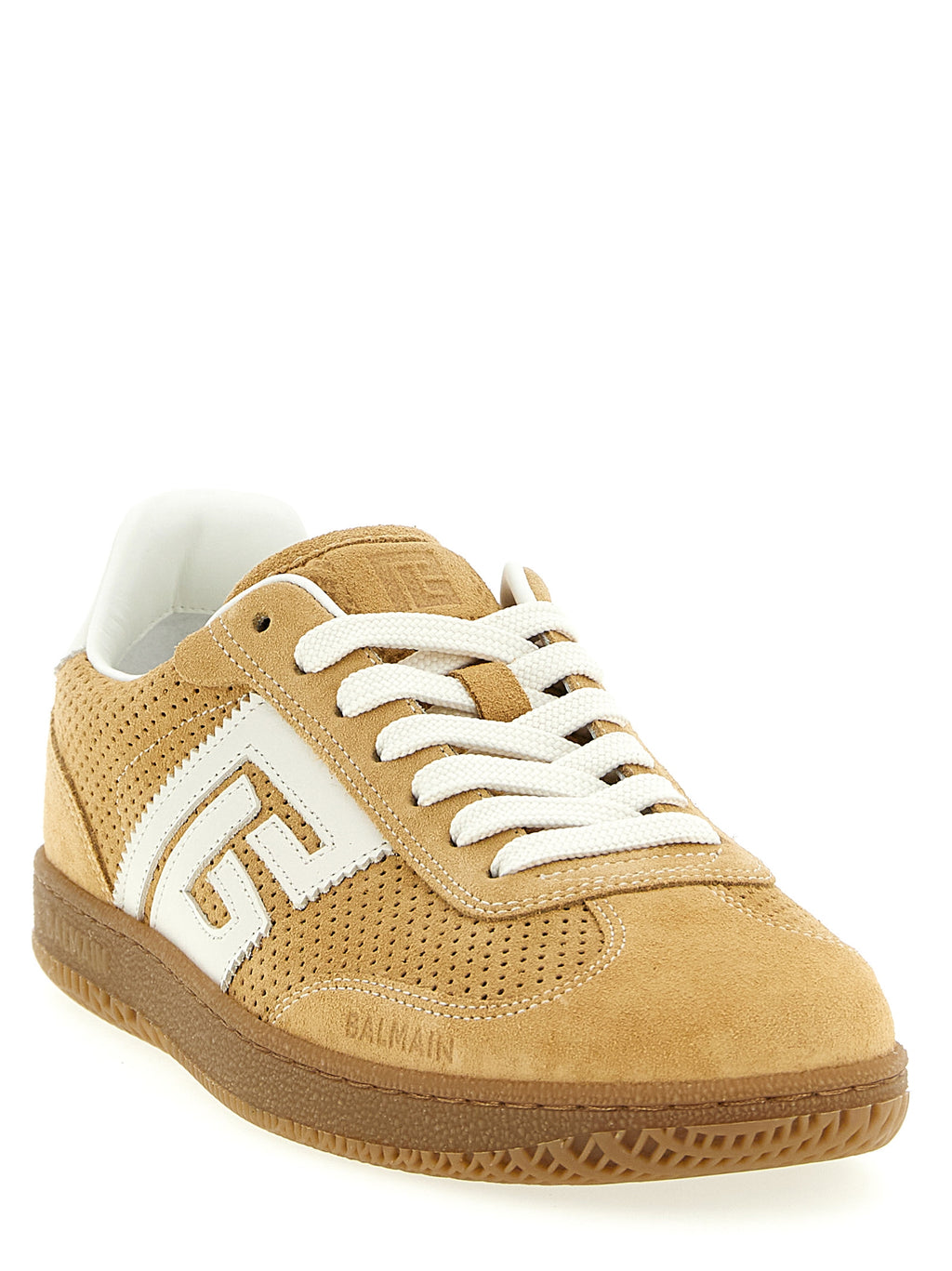 Baskets basses Balmain en cuir de veau beige, style décontracté et élégant pour femmes.