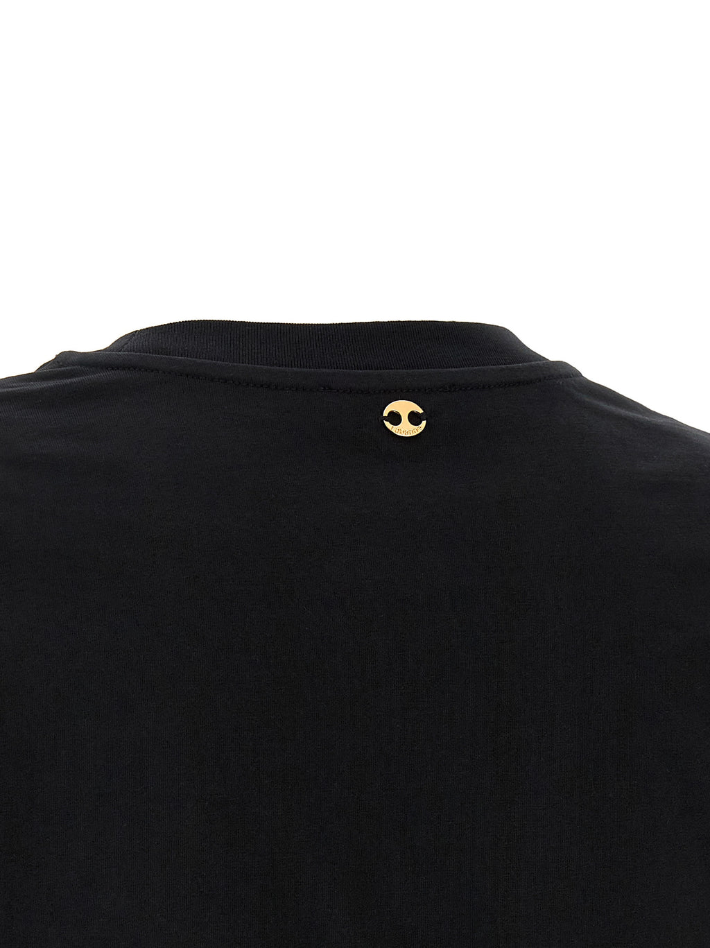 T-shirt en coton noir Paco Rabanne, coupe classique, avec logo discret sur la poitrine, porté par un mannequin.