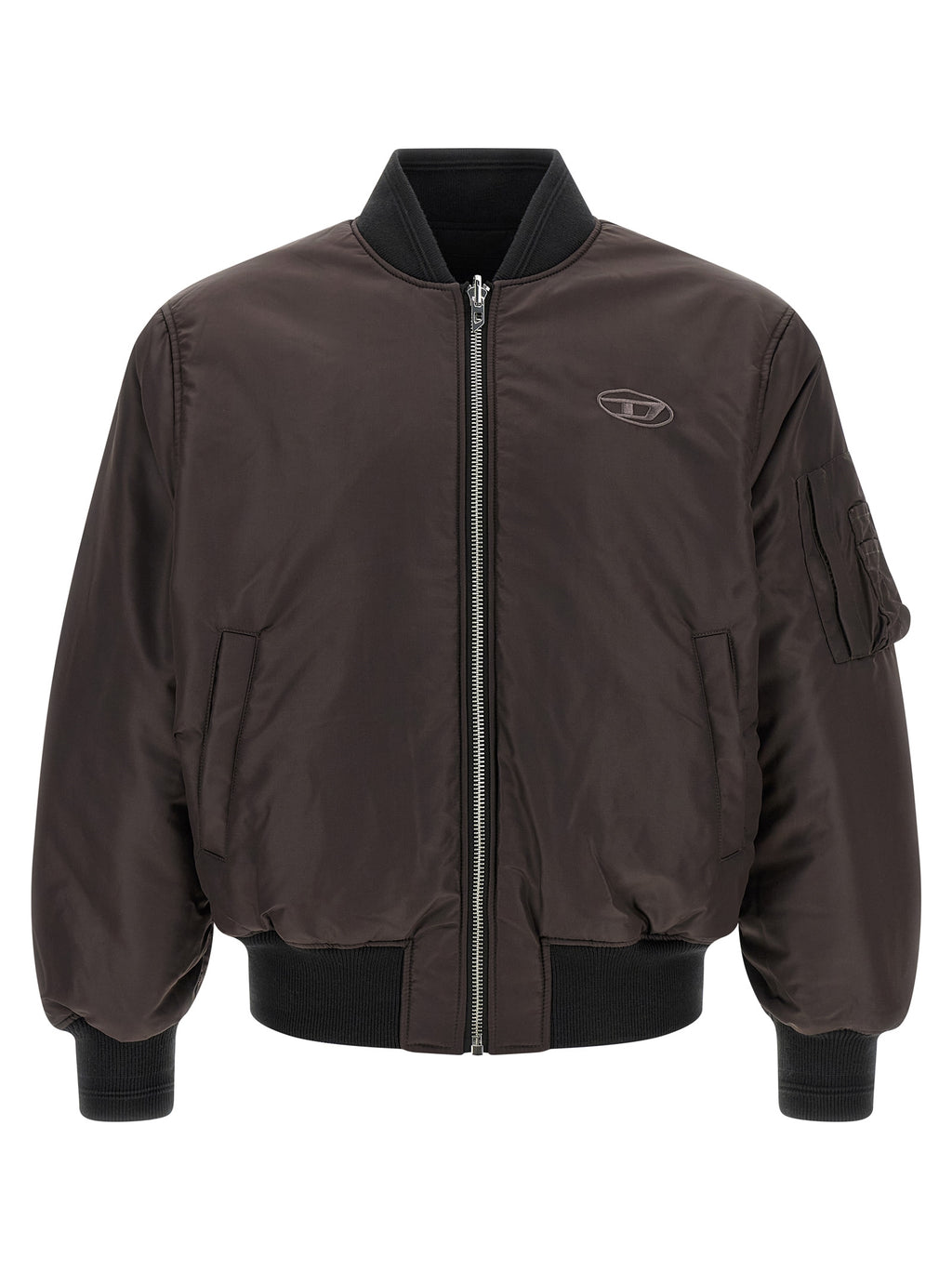 Blouson bomber Diesel noir en polyamide, fermeture éclair, col montant, style moderne et décontracté.
