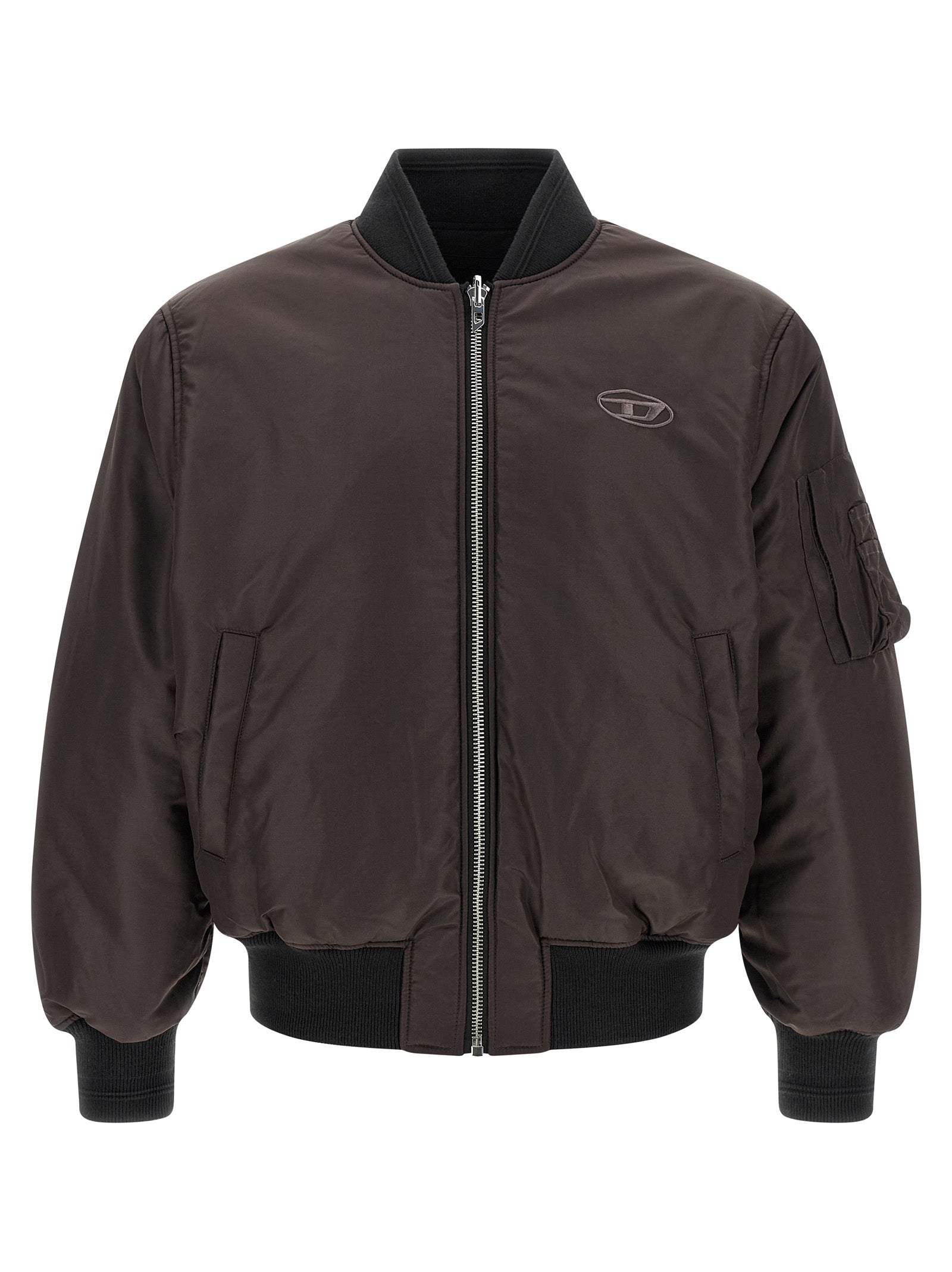 Blouson bomber Diesel noir en polyamide, fermeture éclair, col montant, style moderne et décontracté.
