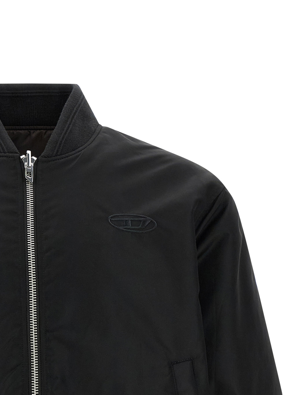 Veste bomber Diesel noire en polyamide, style décontracté avec fermeture éclair et col montant, vue de face.
