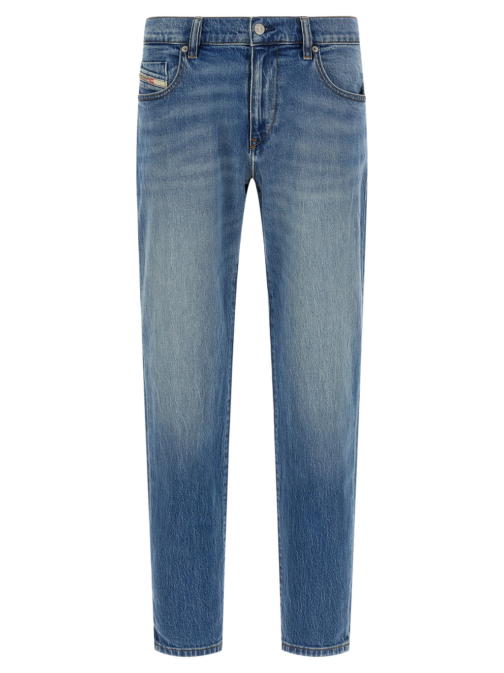 Jeans Diesel en coton bleu droit, pantalon homme décontracté avec coupe classique, visible en gros plan.