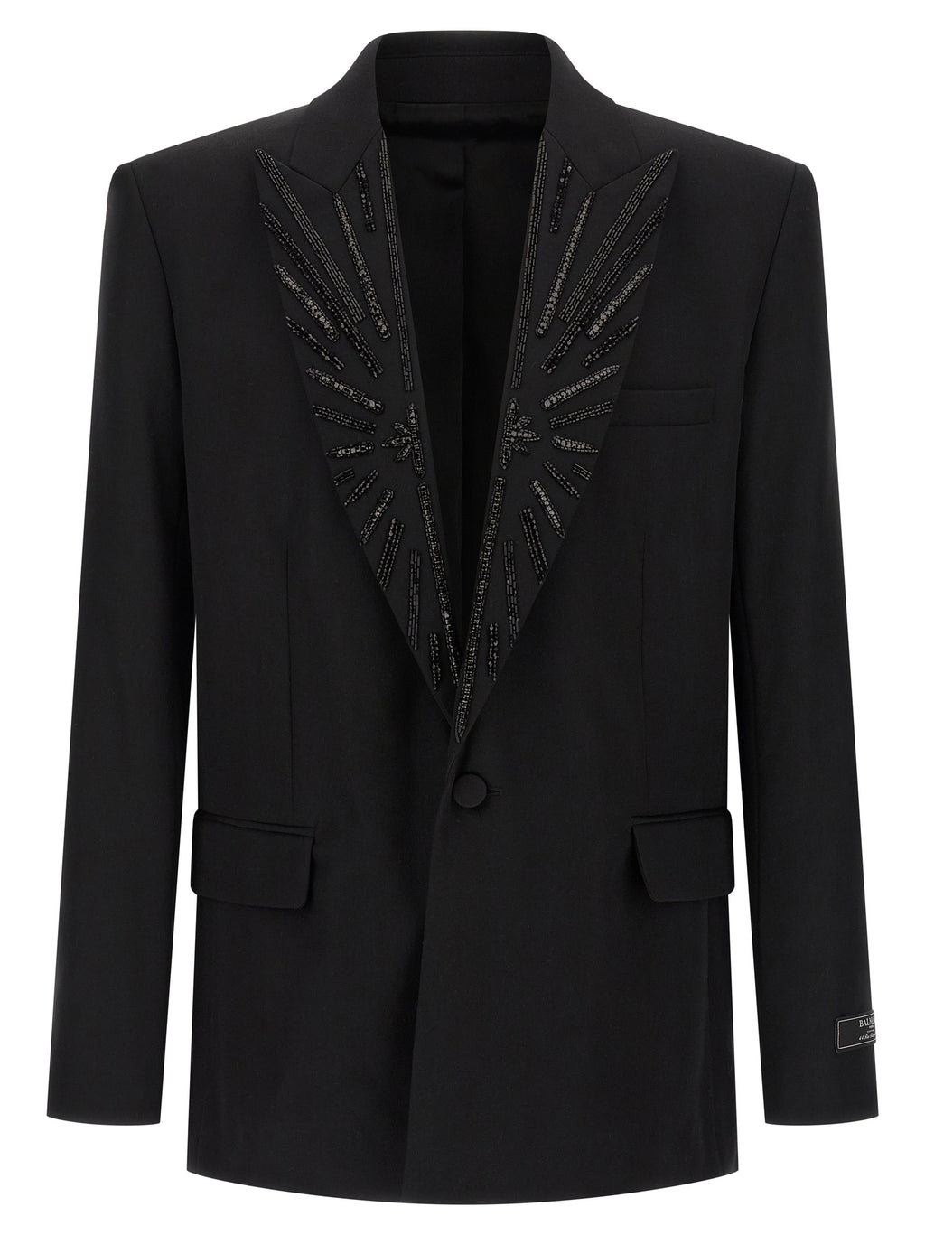 Veste blazer noire en laine vierge Balmain, ajustée et élégante, avec détails sophistiqués et coupe structurée.