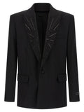 Veste blazer noire en laine vierge Balmain, ajustée et élégante, avec détails sophistiqués et coupe structurée.