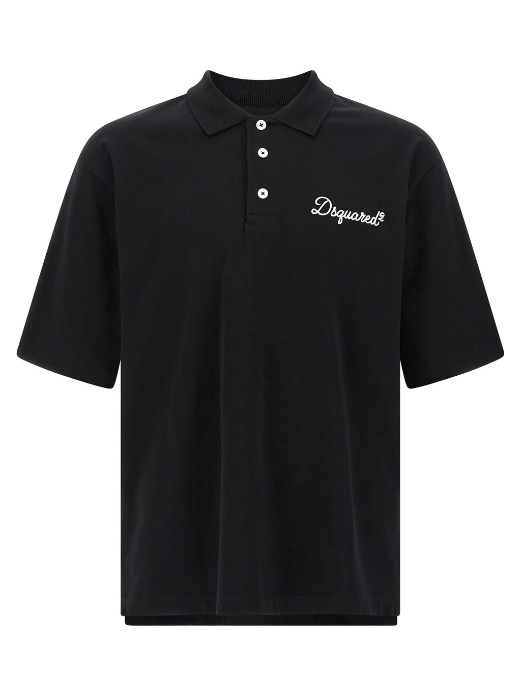 Chemise polo en coton noir de la marque Dsquared², avec col classique et logo discret, sur fond neutre.